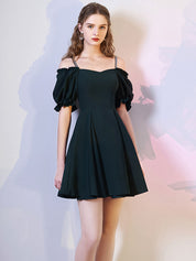 A-Line Sweetheart Knee-Length Black Chiffon Homecoming Dress with Off-the-Shoulder Ruffle Sleeves
