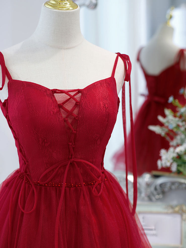 A-Line Sweetheart Short Red Tulle Homecoming Dress with Lace Bodice