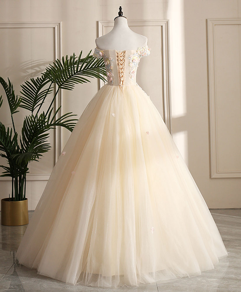 Ball Gown Champagne Off-the-Shoulder Floor-Length Tulle Floral Appliqué Prom Dress