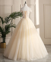 Ball Gown Champagne Off-the-Shoulder Floor-Length Tulle Floral Appliqué Prom Dress