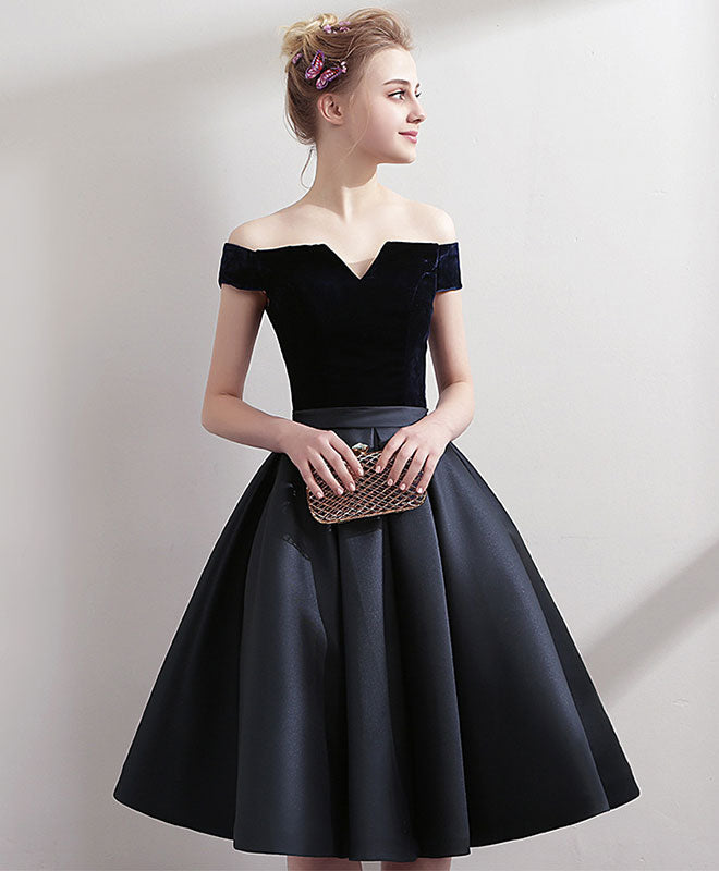 A-line Off-the-Shoulder Knee-Length Satin & Velvet Dress with Pleated Skirt Homecoming Dress