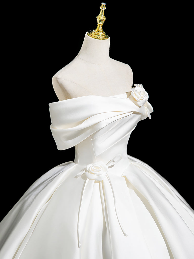 A-Line Off Shoulder Satin White Long Prom Dress, White Long Formal Dress