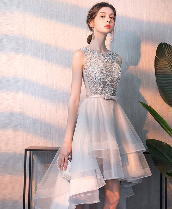 A-line Round Neck High-Low Tulle & Lace Dress with Beaded Bodice Homecoming Dress