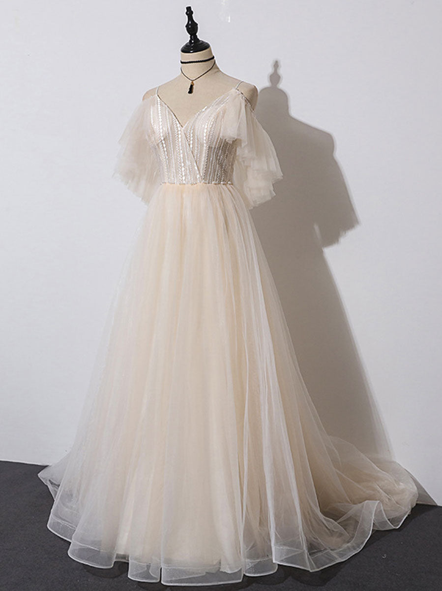 A-Line V-Neck Floor-Length Champagne Tulle & Lace Prom Dress with Sequin Bodice and Flutter Sleeves