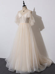 A-Line V-Neck Floor-Length Champagne Tulle & Lace Prom Dress with Sequin Bodice and Flutter Sleeves