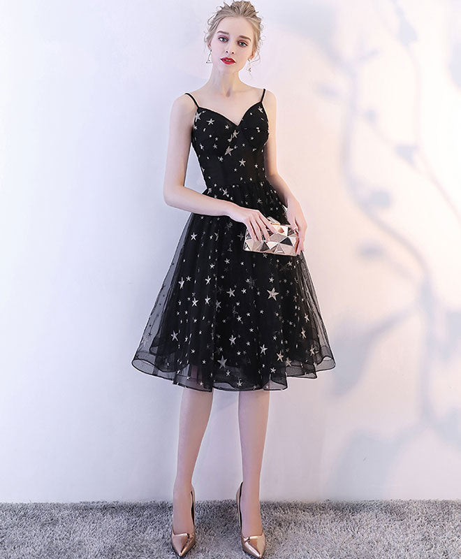 A-Line Sweetheart Neck Knee-Length Black Tulle Star Embroidered Homecoming Dress