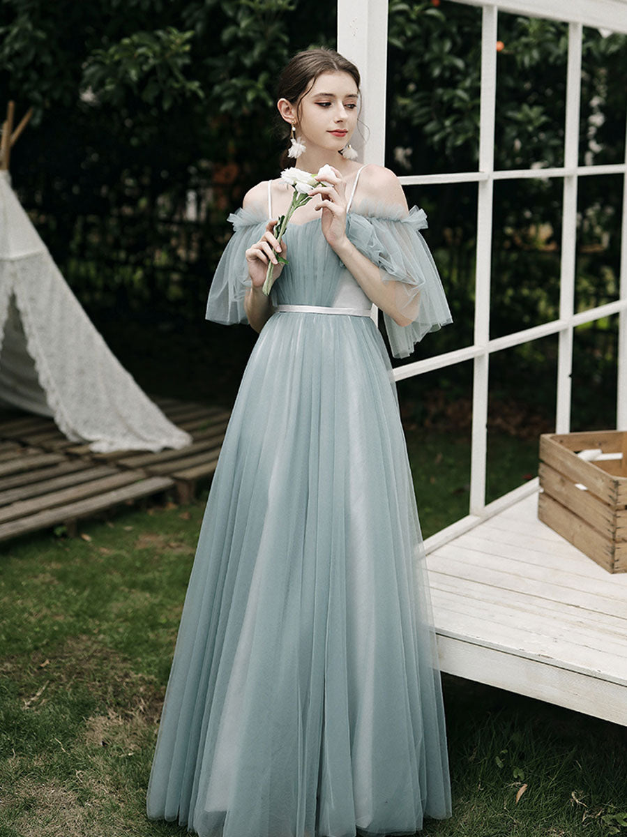 A-Line Dusty Blue One-Shoulder Floor-Length Tulle Prom Dress with Draped Bodice