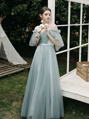 A-Line Dusty Blue One-Shoulder Floor-Length Tulle Prom Dress with Draped Bodice