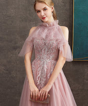 High Neck A-line Floor-Length Tulle & Lace Prom Dress with Sheer Puff Sleeves
