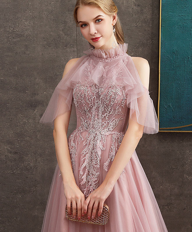 High Neck A-line Floor-Length Tulle & Lace Prom Dress with Sheer Puff Sleeves