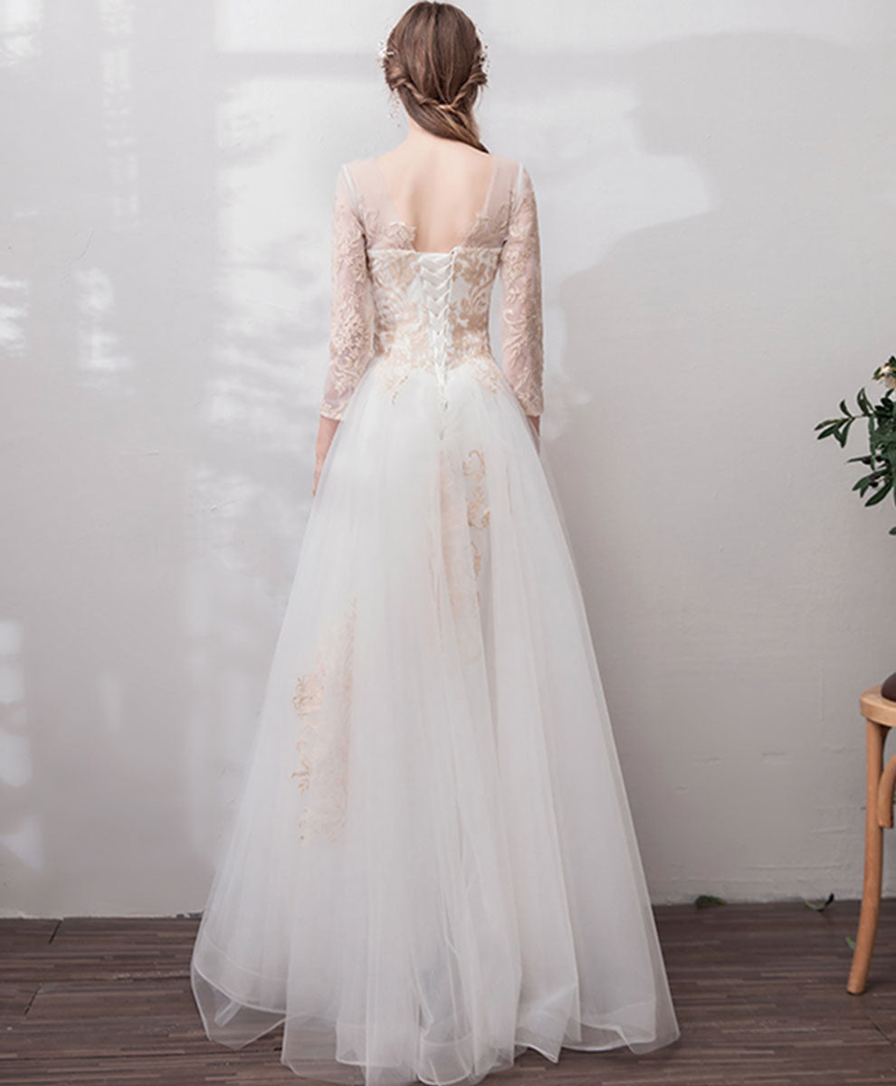 A-Line Ivory Illusion Neck Floor-Length Tulle Lace Prom Dress with Embroidered Bodice