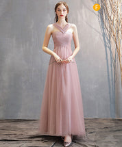 A-Line Blush Pink Off-the-Shoulder Floor-Length Tulle Prom Dress with Pleated Bodice