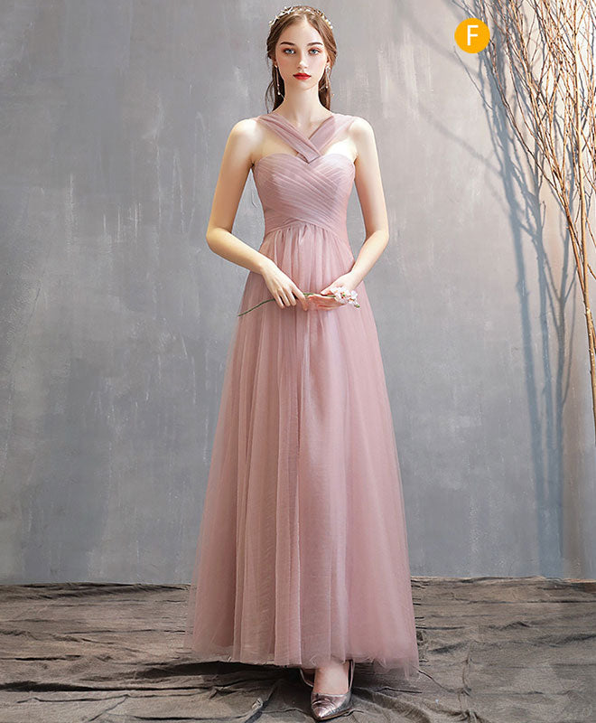 A-Line Blush Pink Off-the-Shoulder Floor-Length Tulle Prom Dress with Pleated Bodice
