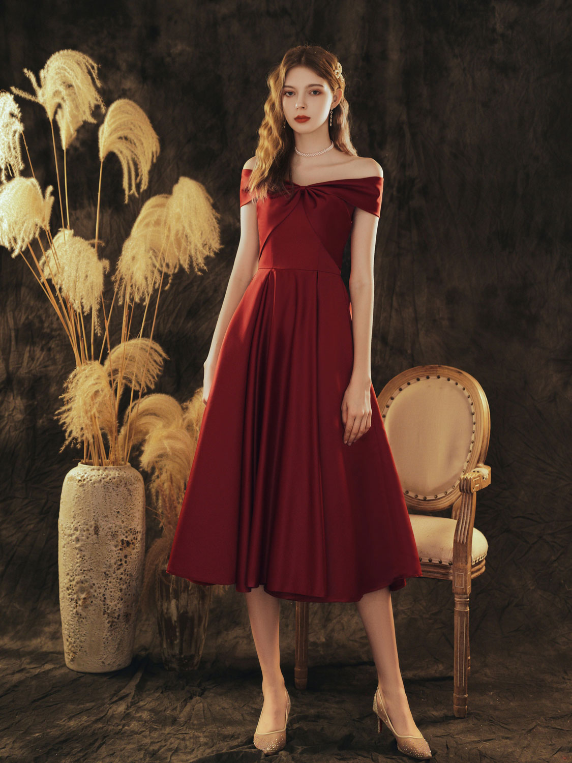 A-Line Off-the-Shoulder Knee-Length Burgundy Satin Prom Dress with Draped Bodice