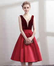 A-line V Neck Knee-Length Satin & Velvet Dress with Illusion Plunge Homecoming Dress