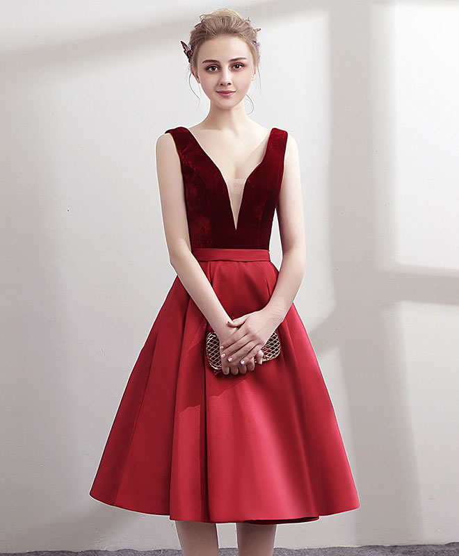A-line V Neck Knee-Length Satin & Velvet Dress with Illusion Plunge Homecoming Dress