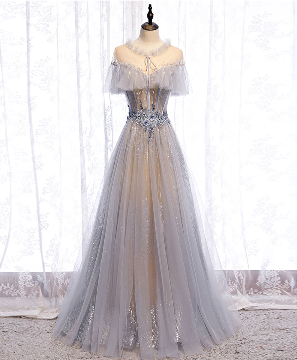 A-Line Misty Gray Illusion Neck Floor-Length Tulle Lace Prom Dress with Ruffled Cape Sleeves and Beaded Waist