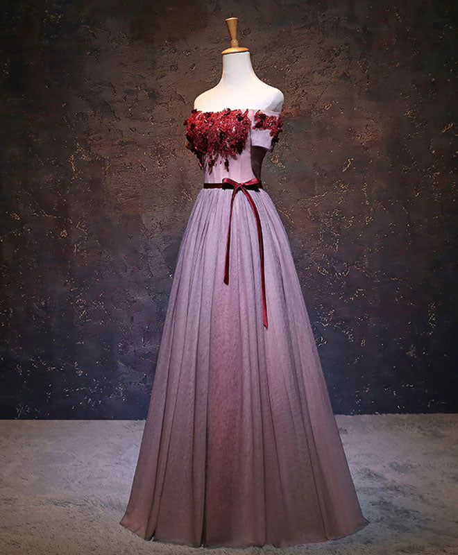 A-line Off-the-Shoulder Floor-Length Tulle & Lace Prom Dress with 3D Floral Appliqué