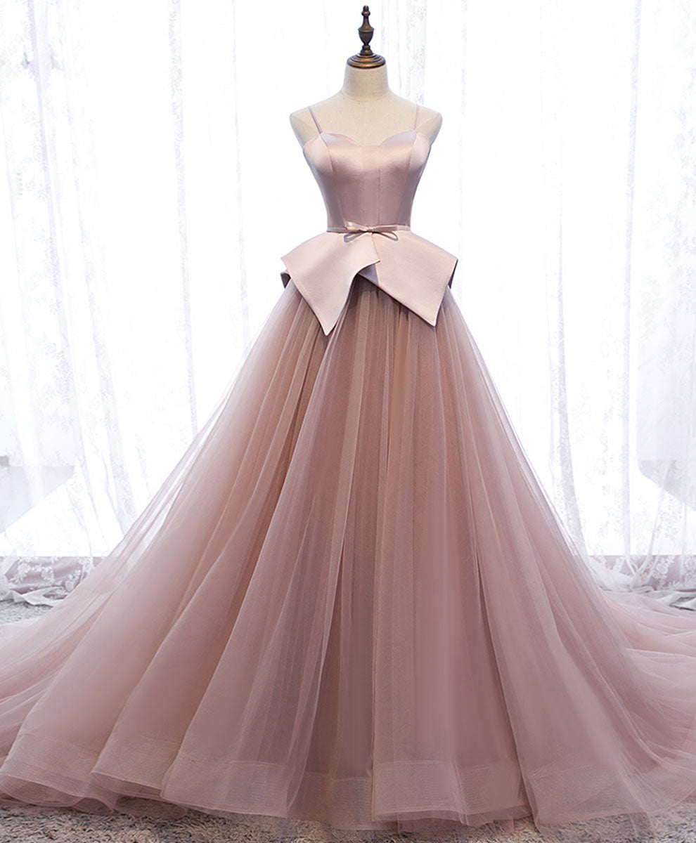 A-Line Sweetheart Floor-Length Blush Pink Tulle and Satin Prom Dress with Structured Bow Waist