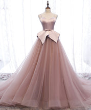 A-Line Sweetheart Floor-Length Blush Pink Tulle and Satin Prom Dress with Structured Bow Waist
