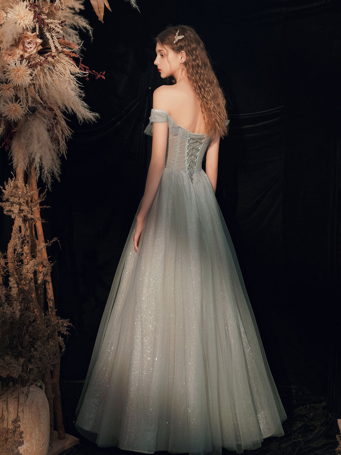 A-Line Off-the-Shoulder Floor-Length Sage Tulle Sequin Prom Dress with Beaded Bodice