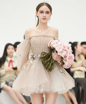 A-Line Off-the-Shoulder Short Tulle Floral-Trim Homecoming Dress
