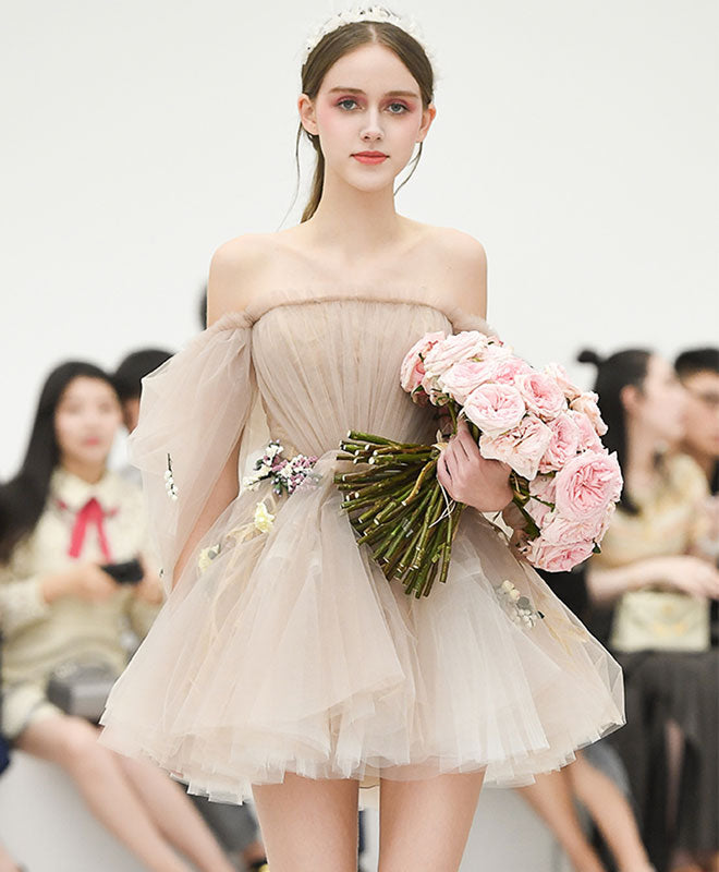 A-Line Off-the-Shoulder Short Tulle Floral-Trim Homecoming Dress