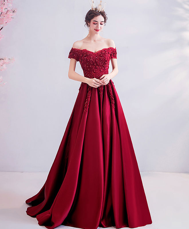A-Line Off-the-Shoulder Floor-Length Satin & Lace Appliqué Prom Dress