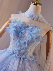 A-Line Tulle Flower Blue Long Prom Dress with Lace-Up Back