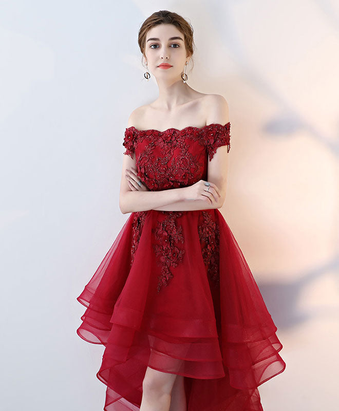 Off-Shoulder High-Low Tulle and Lace Homecoming Dress with Floral Appliqué