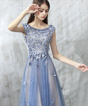 A-line Scoop Neck Cap Sleeve Tulle Prom Dress with 3D Floral Appliques