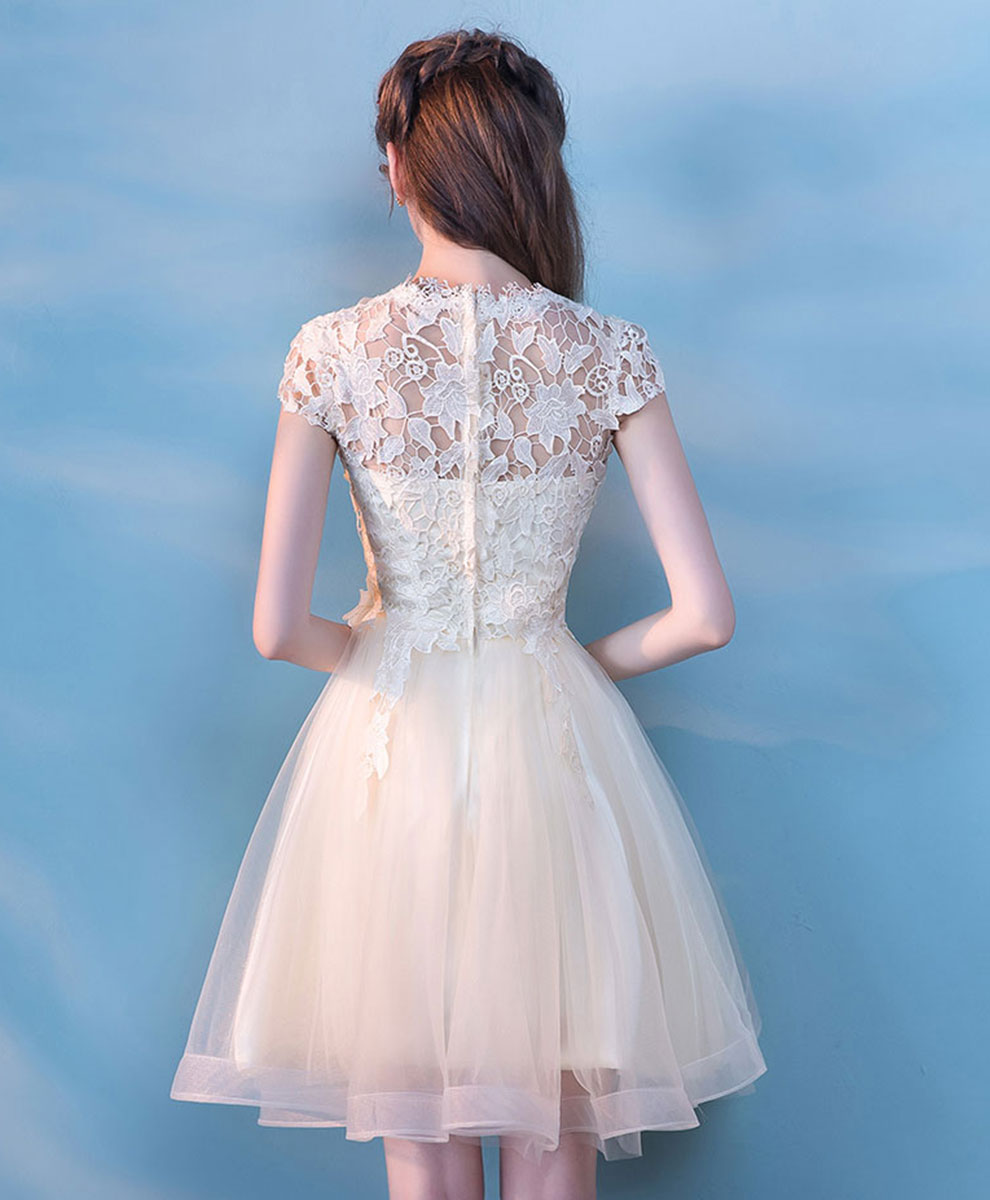 A-Line Illusion Neck Knee-Length Ivory Tulle Lace Homecoming Dress with Floral Appliqué