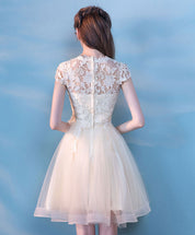 A-Line Illusion Neck Knee-Length Ivory Tulle Lace Homecoming Dress with Floral Appliqué