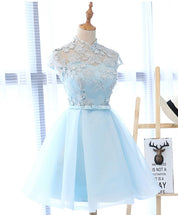 A-Line High Neck Floral Lace Applique Chiffon Short Homecoming Dress With Cap Sleeves