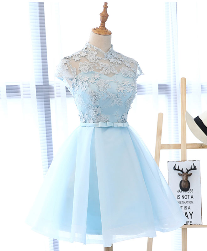 A-Line High Neck Floral Lace Applique Chiffon Short Homecoming Dress With Cap Sleeves