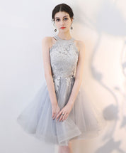 A-Line High Neck Knee-Length Gray Tulle and Lace Homecoming Dress with Floral Lace Bodice