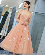 A-Line V-Neck Tea-Length Tulle Floral Appliqué Homecoming Dress