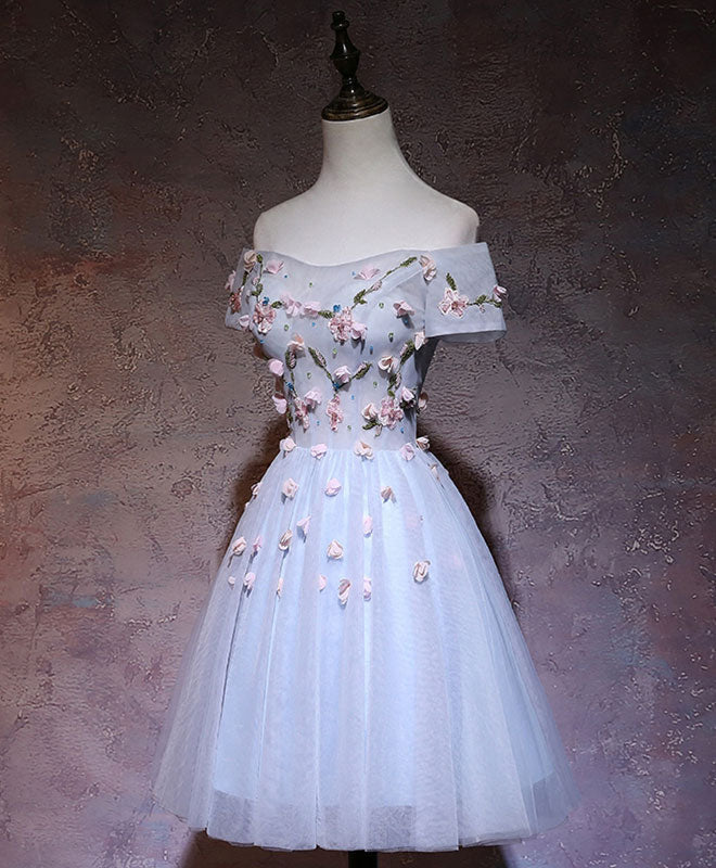 A-line Off-the-Shoulder Knee-Length Tulle Homecoming Dress with 3D Floral Appliqué