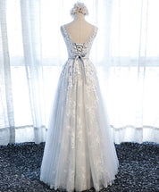 A-line Scoop Neck Floor-Length Tulle Floral Embroidered Prom Dress with Lace-Up Back