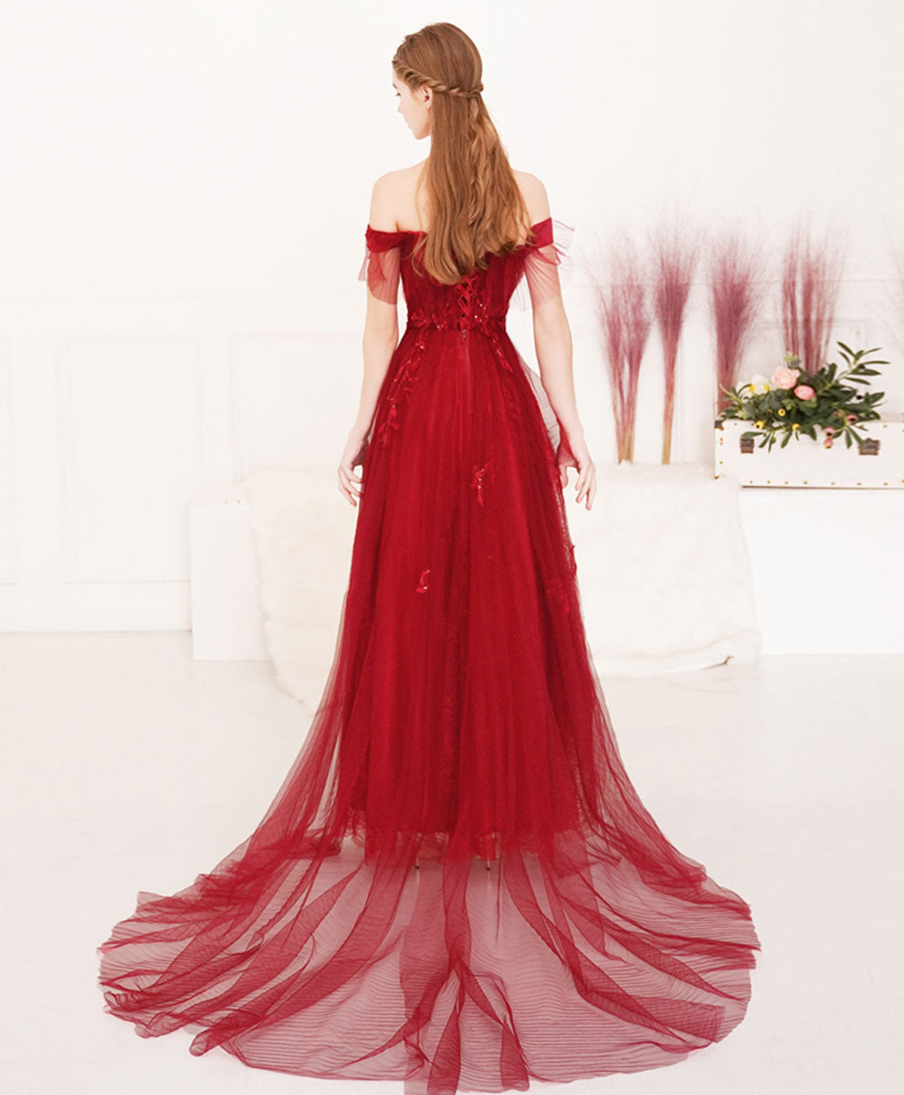 A-Line Off-the-Shoulder Floor-Length Red Tulle Lace Prom Dress with Romantic Floral Appliqué