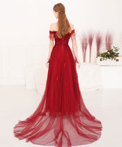A-Line Off-the-Shoulder Floor-Length Red Tulle Lace Prom Dress with Romantic Floral Appliqué
