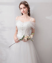 A-Line Ivory Off-the-Shoulder Floor-Length Tulle Prom Dress with Sheer Long Sleeves