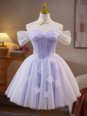 A-Line Sweetheart Neck Tulle Lace Short Purple Prom Dress, Purple Homecoming Dress