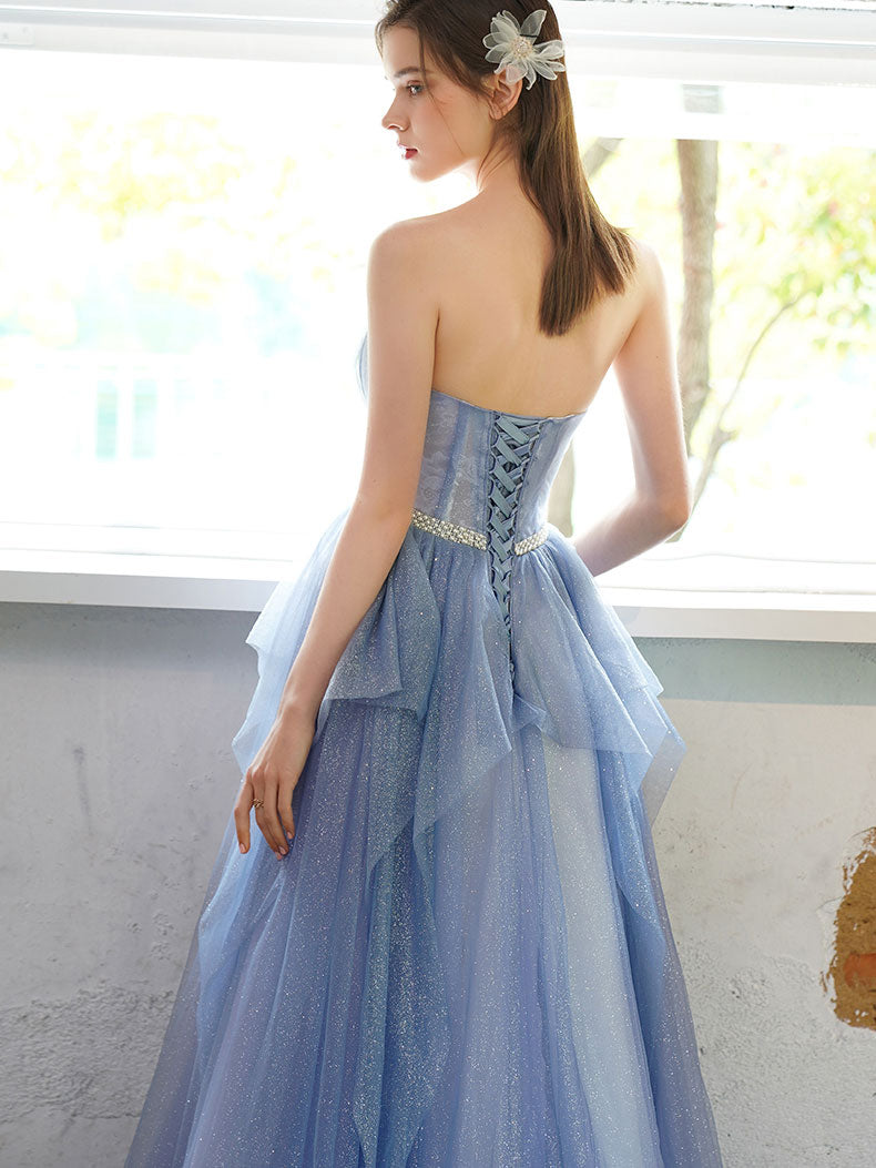 A-Line Sweetheart Neck Floor-Length Blue Tulle Layered Prom Dress with Glitter Finish