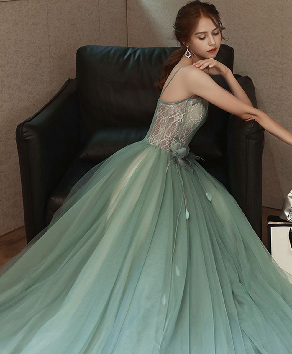 Ball Gown Sweetheart Neck Floor-Length Mint Green Tulle Lace Prom Dress with Corset Bodice