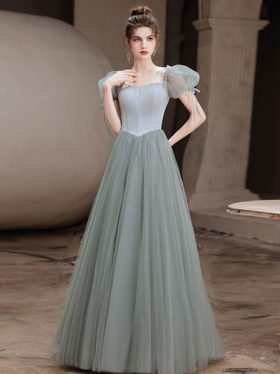 A-Line Off-the-Shoulder Floor-Length Sage Green Tulle Prom Dress with Soft Puff Sleeves