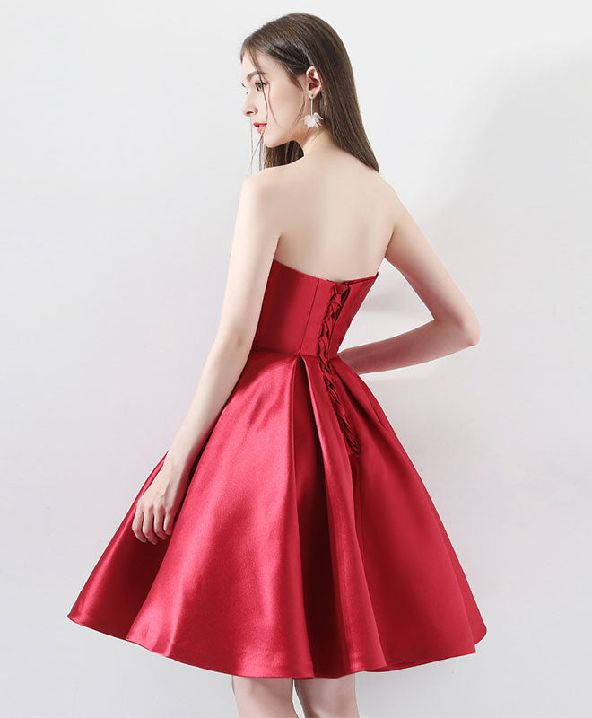 A-Line Sweetheart Neck Knee-Length Red Satin Lace Homecoming Dress