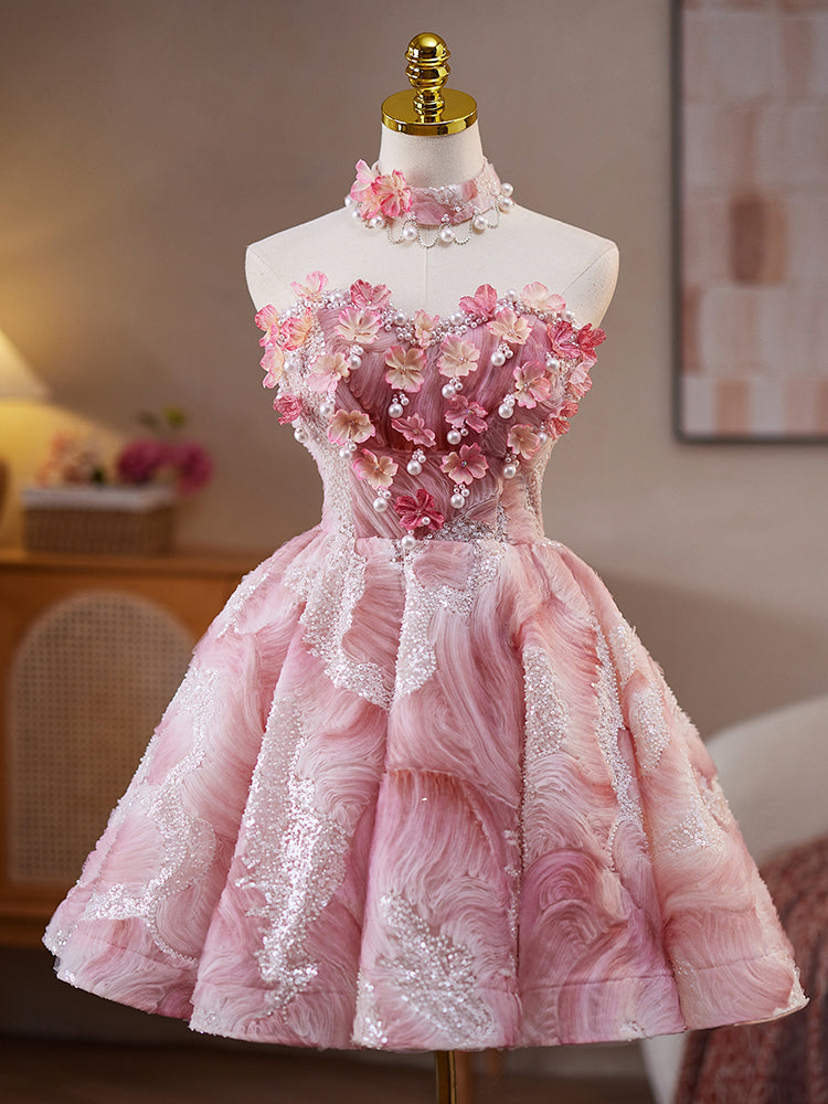 A-Line Straight Neckline Knee-Length Pink Tulle & Lace Floral Homecoming Dress