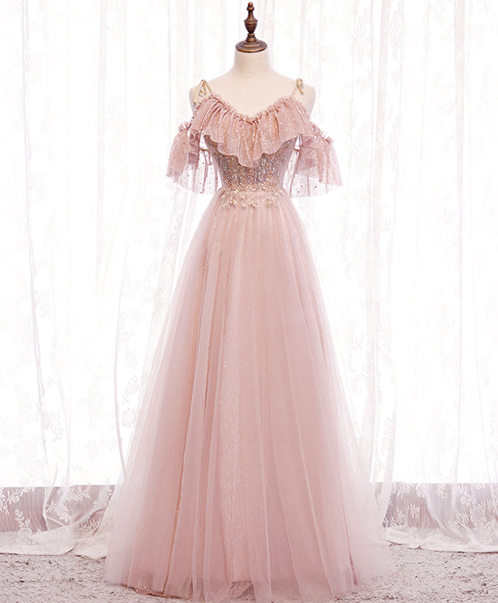 A-Line V-Neck Floor-Length Blush Tulle Beaded Prom Dress with Ruffle Overlay