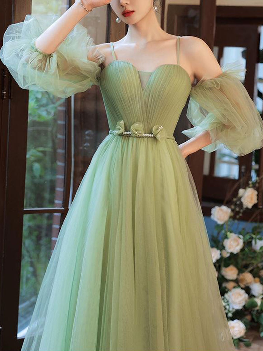 Green A-Line Sweetheart Floor-Length Tulle Prom Dress with Off-the-Shoulder Puff Sleeves